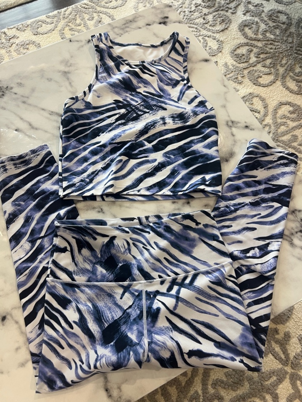Balance Collection Blue & White Abstract Print Leggings and Crop Tank